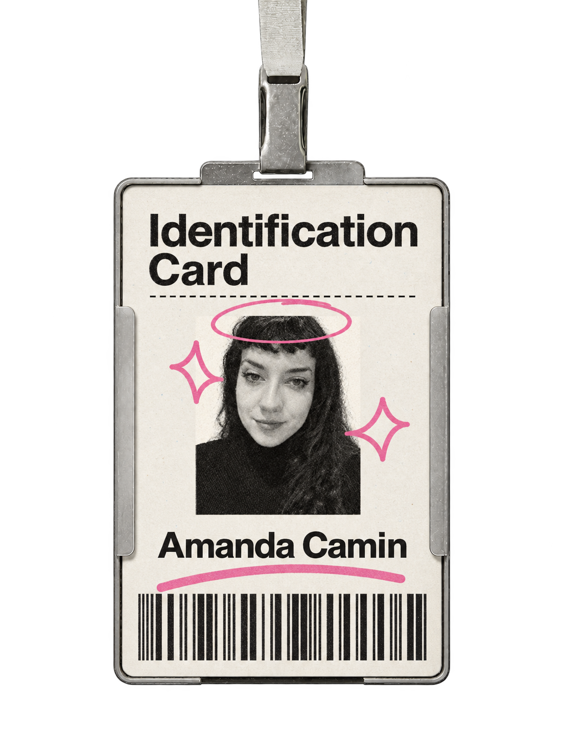 Amanda Camin identification card on a lanyard